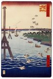 Hiroshige's One Hundred Famous Views of Edo (名所江戸百景), actually composed of 118 woodblock landscape and genre scenes of mid-19th century Tokyo, is one of the greatest achievements of Japanese art. The series includes many of Hiroshige's most famous prints. It represents a celebration of the style and world of Japan's finest cultural flowering at the end of the Tokugawa Shogunate.<br/><br/>

The winter group, numbers 99 through 118, begins with a scene of Kinryūzan Temple at Akasaka, with a red-on-white color scheme that is reserved for propitious occasions. Snow immediately signals the season and is depicted with particular skill: individual snowflakes drift through the gray sky, while below, on the roof of a distant temple, dots of snow are embossed for visual effect.<br/><br/>

Utagawa Hiroshige (歌川 広重, 1797 – October 12, 1858) was a Japanese ukiyo-e artist, and one of the last great artists in that tradition. He was also referred to as Andō Hiroshige (安藤 広重) (an irregular combination of family name and art name) and by the art name of Ichiyūsai Hiroshige (一幽斎廣重).