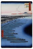 Hiroshige's One Hundred Famous Views of Edo (名所江戸百景), actually composed of 118 woodblock landscape and genre scenes of mid-19th century Tokyo, is one of the greatest achievements of Japanese art. The series includes many of Hiroshige's most famous prints. It represents a celebration of the style and world of Japan's finest cultural flowering at the end of the Tokugawa Shogunate.<br/><br/>

The winter group, numbers 99 through 118, begins with a scene of Kinryūzan Temple at Akasaka, with a red-on-white color scheme that is reserved for propitious occasions. Snow immediately signals the season and is depicted with particular skill: individual snowflakes drift through the gray sky, while below, on the roof of a distant temple, dots of snow are embossed for visual effect.<br/><br/>

Utagawa Hiroshige (歌川 広重, 1797 – October 12, 1858) was a Japanese ukiyo-e artist, and one of the last great artists in that tradition. He was also referred to as Andō Hiroshige (安藤 広重) (an irregular combination of family name and art name) and by the art name of Ichiyūsai Hiroshige (一幽斎廣重).